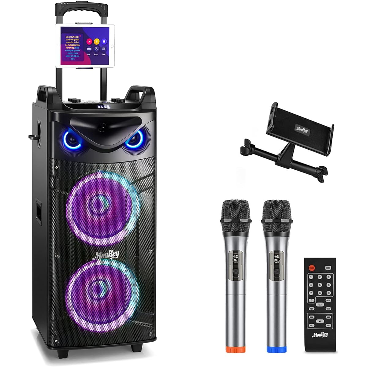 Moukey Karaoke Speaker Set, Portable Speaker, 280W, Dual 10 Inch Subwoofer, Bluetooth Compatible, Rechargeable UHF Microphone, MP3/USB/SD/FM Broadcast Recording, Usage Time 8-20