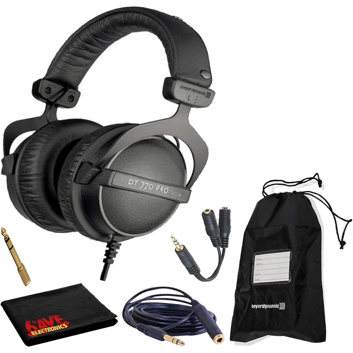 Beyerdynamic DT 770 Pro 32 Ohm Closed Back Studio Recording Headphones with Soft Drawstring Case Headphone Splitter 5ft Extension Cable and 6AVE Cleaning Cloth