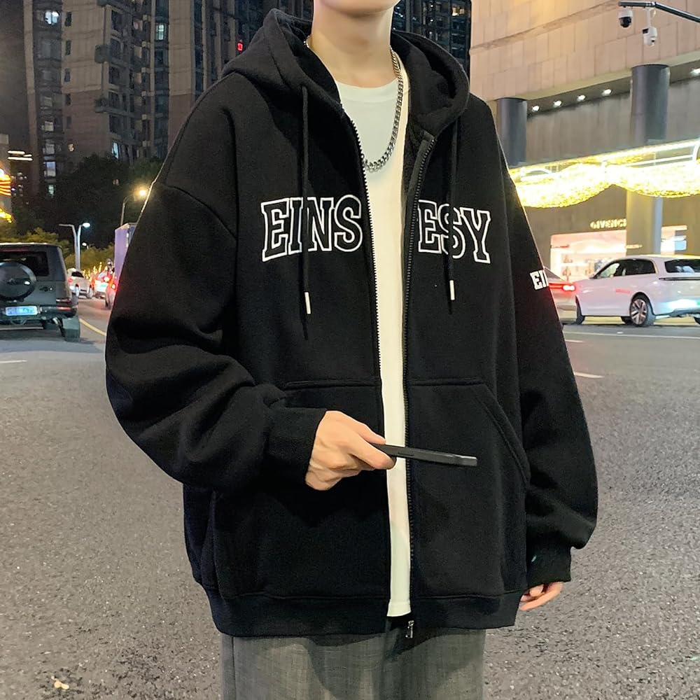 [Fasshonrida] Zip Parka, Men's, Fleece, Fall/Winter Clothes, Cold Protection, Thermal Insulation, Zip Up Parka, Warm ZIP Jacket, Full Zip Outerwear, Hooded Parka, Stylish, Sagara Embroidery, English Logo, Clothes, Large Size, Autumn, Winter, Spring
