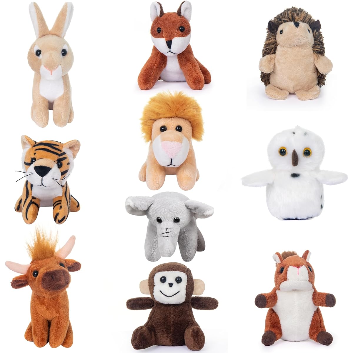 My OLi 10 Pack Plush Wild Animal Toys 3.5" Small Stuffed Animals for Kids Tiger Lion Elephant Monkey Hedgehog Rabbit Squirrel Owl Fox Bison