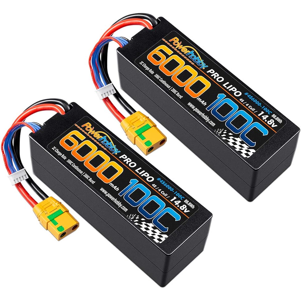 Powerhobby 4S / 4 Cell 14.8v 6000mah 100c Lipo Battery with XT90 Hard Case 4 Cell (2 Pack) Compatible with: Arrma Kraton Tyhpon Senton Tailon Outcast FAZON