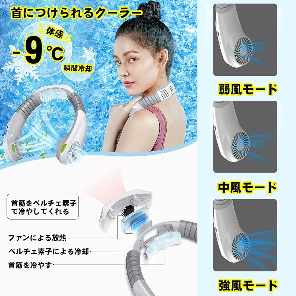 KEEMOO Rapid Cooling Neck Fan, Neck Fan, Powerful, Physical Cooling, USB Rechargeable Portable Fan, Portable Fan, 3600mAh Large Capacity, 3 Levels of Air Flow, 8 Hours of Continuous Use, Adjustable Angle, Heat Stroke Prevention, Home/Commuting/School/Spo