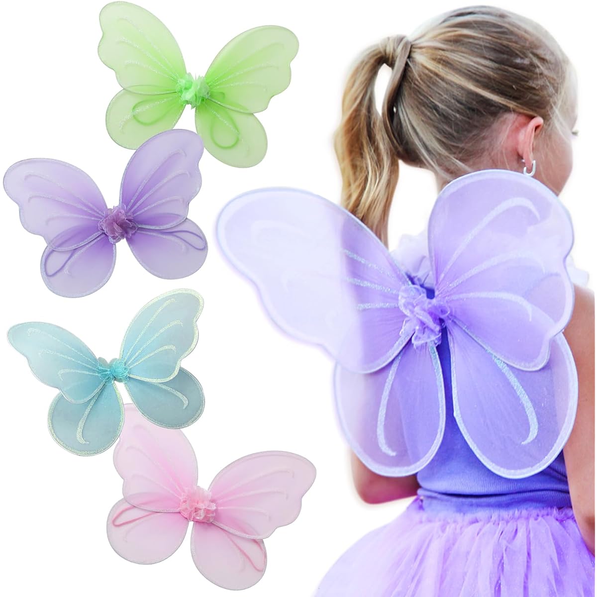 4 Colours Fairy Butterfly Wings Set Costume Dress up Party Favour Packages for Girls Toddlers and Kids