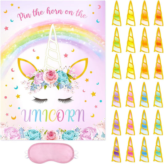 WERNNSAI Pin The Horn on The Unicorn Game - 20'' x 29'' Unicorn Party Game for Girls with 24 PCS Horns Unicorn Birthday Party Supplies for Wall Home Room Decorations