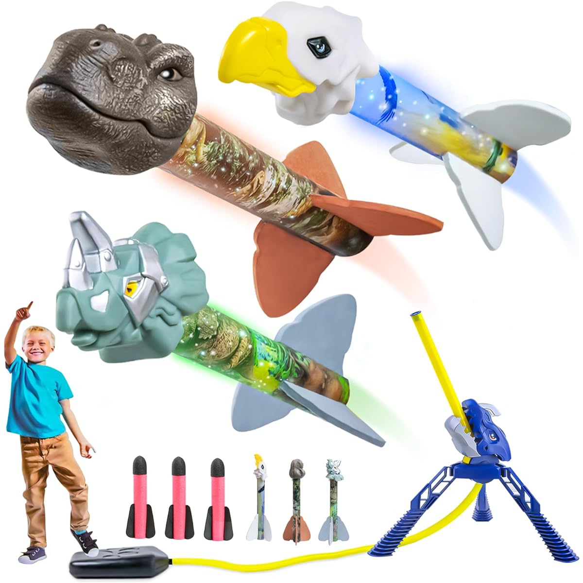 Eoaazue Dinosaur Rocket Launcher for Kids, Up to 100 Feet, LED Light Up Dinosaur Rocket Toy, Fun Outdoor Toys, Birthday Gifts for Boys/Girls Ages 3 4 5 6 7 8-12