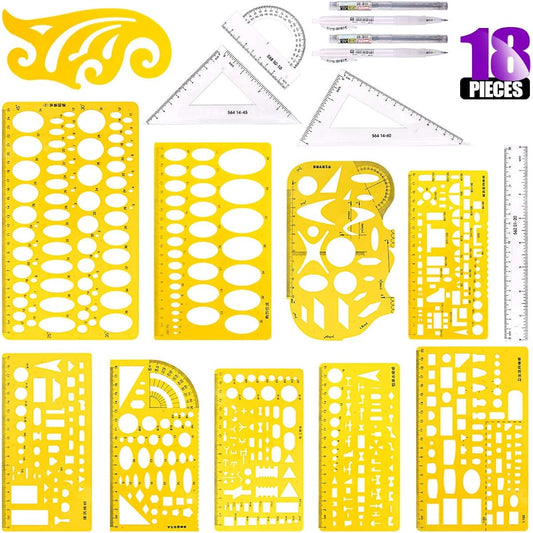 Swpeet Plastic Yellow Geometric Drawing Template Kit, 10 Geometric Drawing Template Stencils with 2 Pencils and 5 Measuring Rulers for Drawing Engineering Drafting