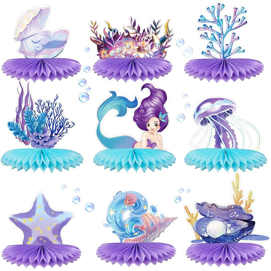 9 Pieces Mermaid Party Decorations Honeycomb Table Centerpiece Party Supplies for Girls Little Mermaid Sea Theme Birthday Baby Shower Party Decorations