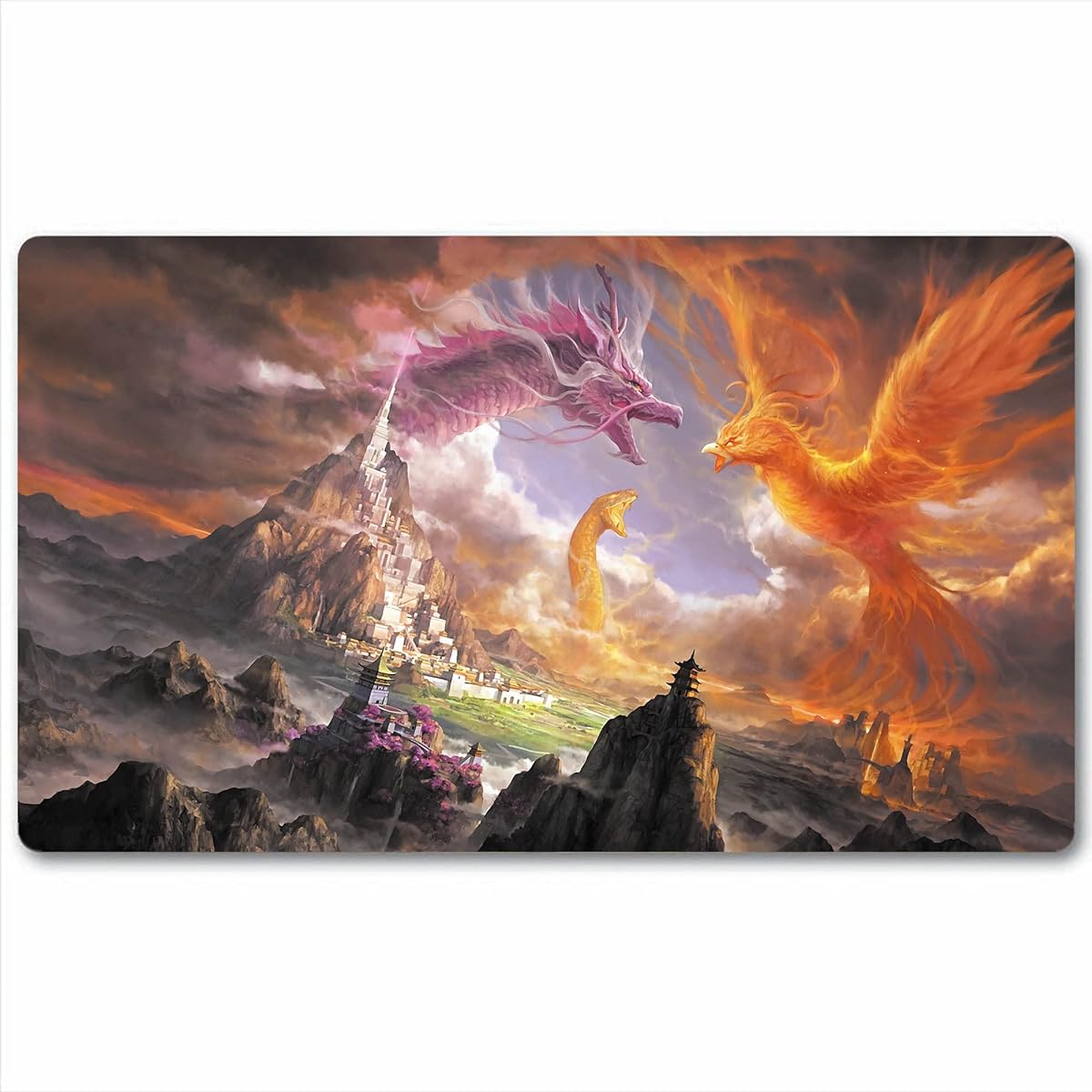 Board Games TCG Playmat Tabletop Card Playmat MTG RPG CCG Trading Card Game Playmat Smooth Cloth Surface Rubber Base with Stitched Edges Original Playmat Art Design 24x14 Inch Dragon Phoenix Snake