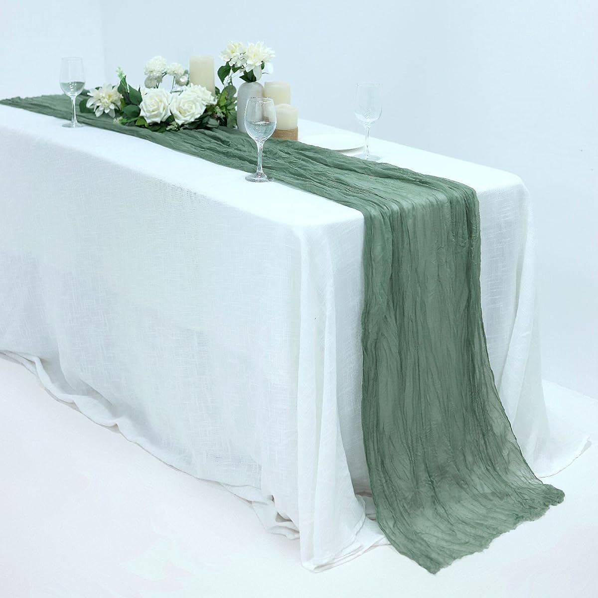 Pamela Leigh 10' Cheesecloth Table Runner Olive Green Semi-Sheer Gauze Runner for Wedding Drapes Bridal Shower Rustic Boho Summer Party Decorations