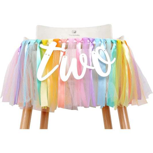 2nd Birthday Pastel Rainbow Tutu Banner - Party Supplies, 2 Highchair Tutu Skirts, Party Theme Pull Flags for Highchairs, Fabric Garland, Birthday Photo Props (Pastel Rainbow)