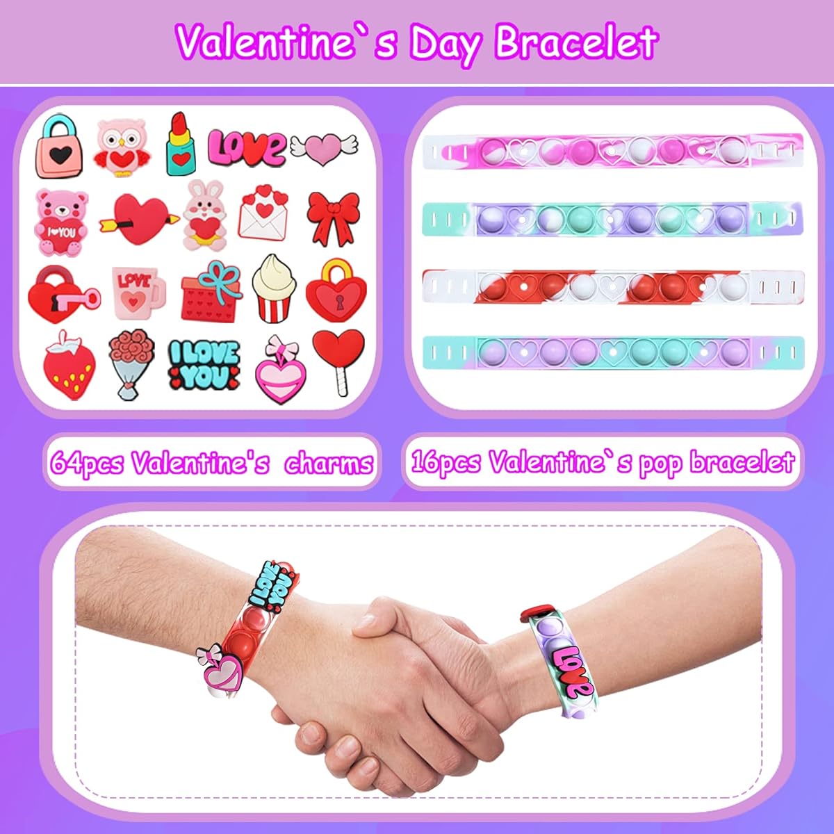 80 Pieces 16 Pack Valentine's Day Gifts for Kids Valentine Pop Bracelets Toys Kids Party Favors Valentine Exchange Gifts for Boys/Girls School/Classroom/Valentine Gifts (16 Pop Bracelets and 64 Valentine Charms), Silicone