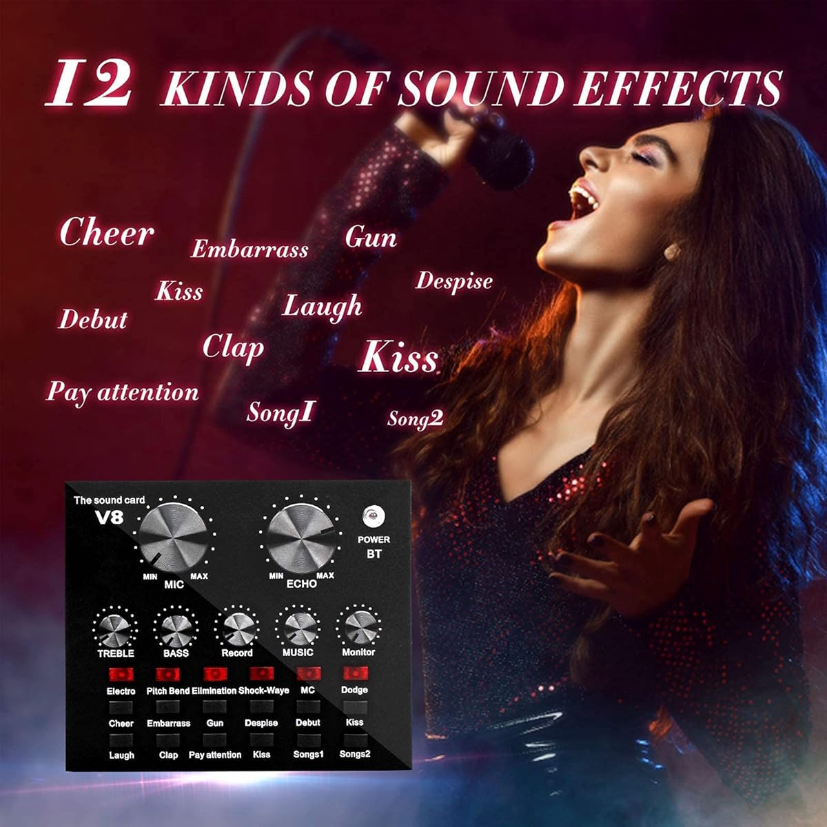 Metal Condenser Microphone Set, Noise Reduction Microphone, Sound Card with Voice Changer, Used for Recording, Live Broadcasting, Karaoke Singing DDF