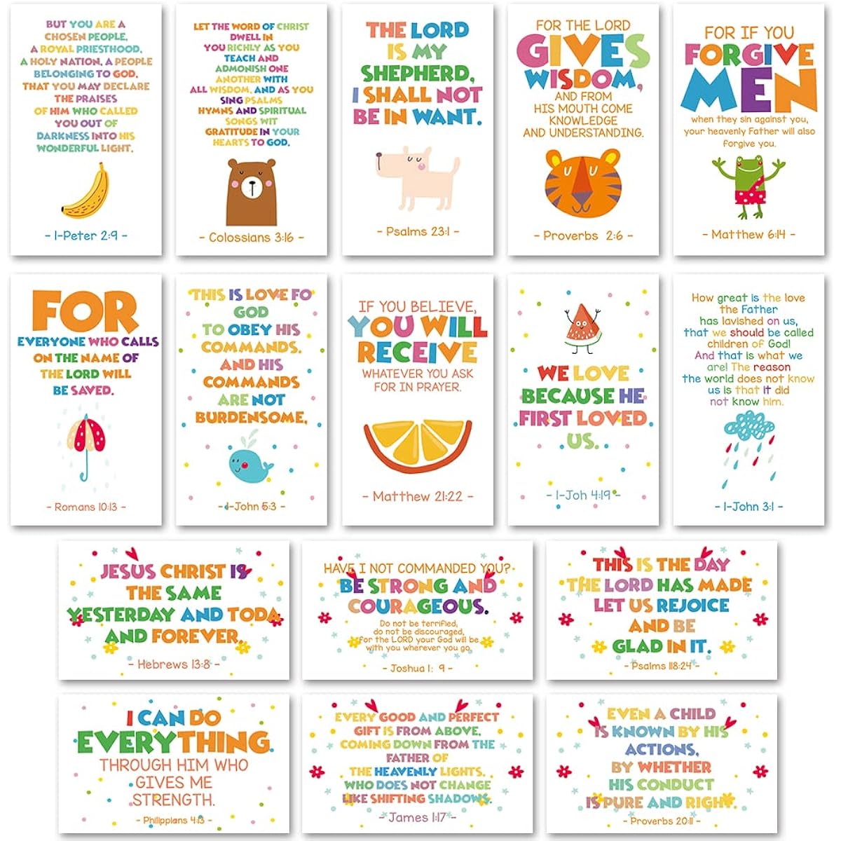 Encouragemen's Mini Inspirational Christian Greeting Cards, 60 Assorted Bible Verses, Perfect for Kids Bible Study, Inspirational Kids Gifts, 2" x 3.5", Everyday Beliefs J447