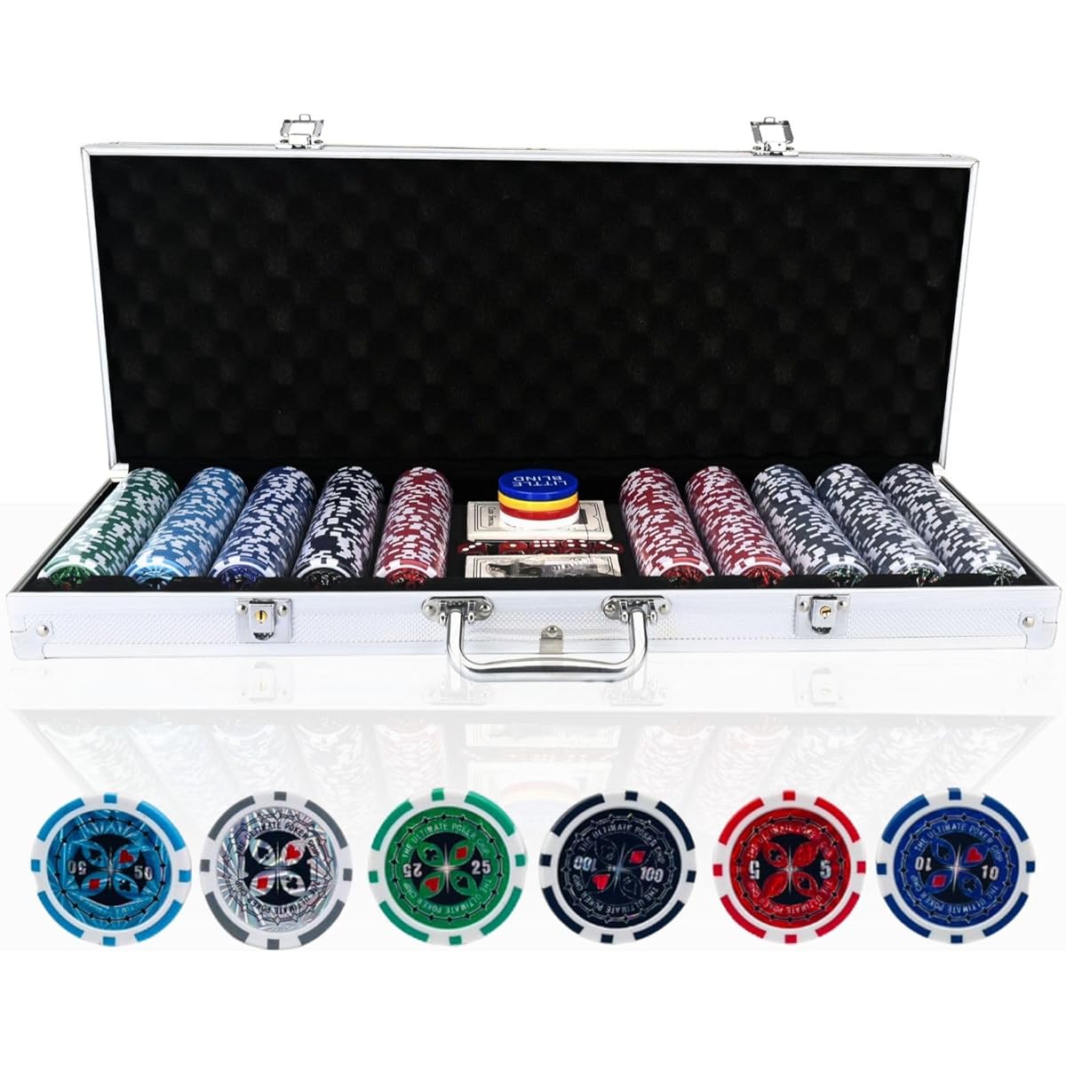 Casino Set Poker Set [Genuine Poker Experience for You] Casino Chips, Poker Chips, Mahjong Chips, Casino, Poker, Mahjong (Game Chips) 5 Colors 100, 200, 300, 500 (Numbered - Aluminum Case Included - 500)