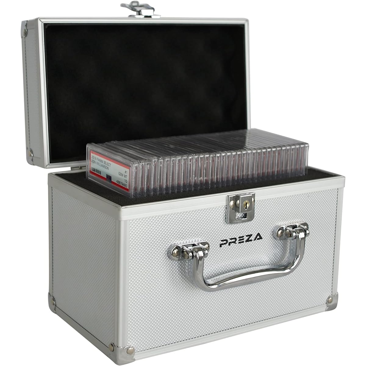 PREZA Trading Card Case Small Compact Grading Card Storage Box Display for Sports Card Collection PSA BGS Compatible Silver