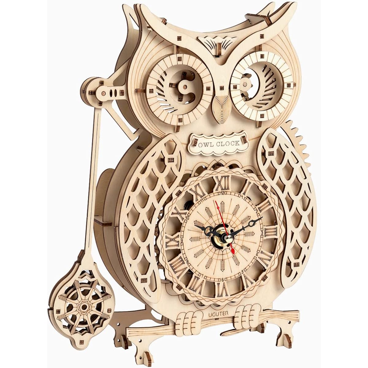 GuDoQi 3D Wooden Puzzle Wooden Owl Clock with Side Pendulum No Tick Sound Mechanical Wooden Clock Model Kit Assembly DIY Assembly Toy Woodworking Kit Christmas Gift