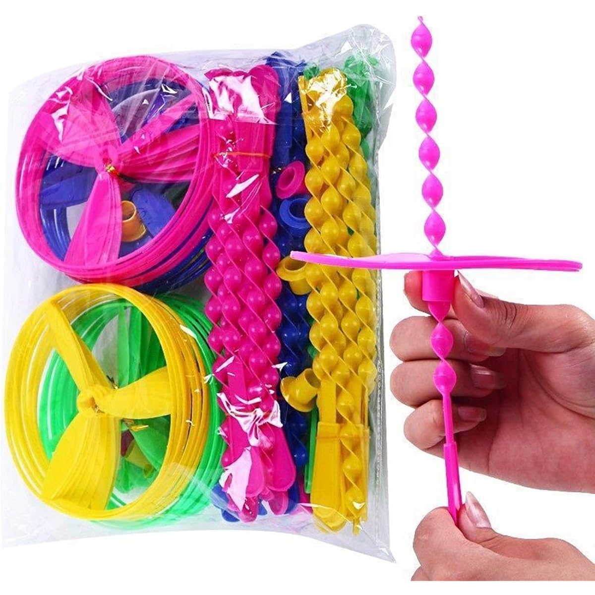 JIEOU Flying Helicopter Toy, 20 Pack Hand Rotating Circle Helicopter Bamboo Dragonfly Hand Lub Plastic Propeller Outdoor Toys Kids Gifts for Flying (Color)