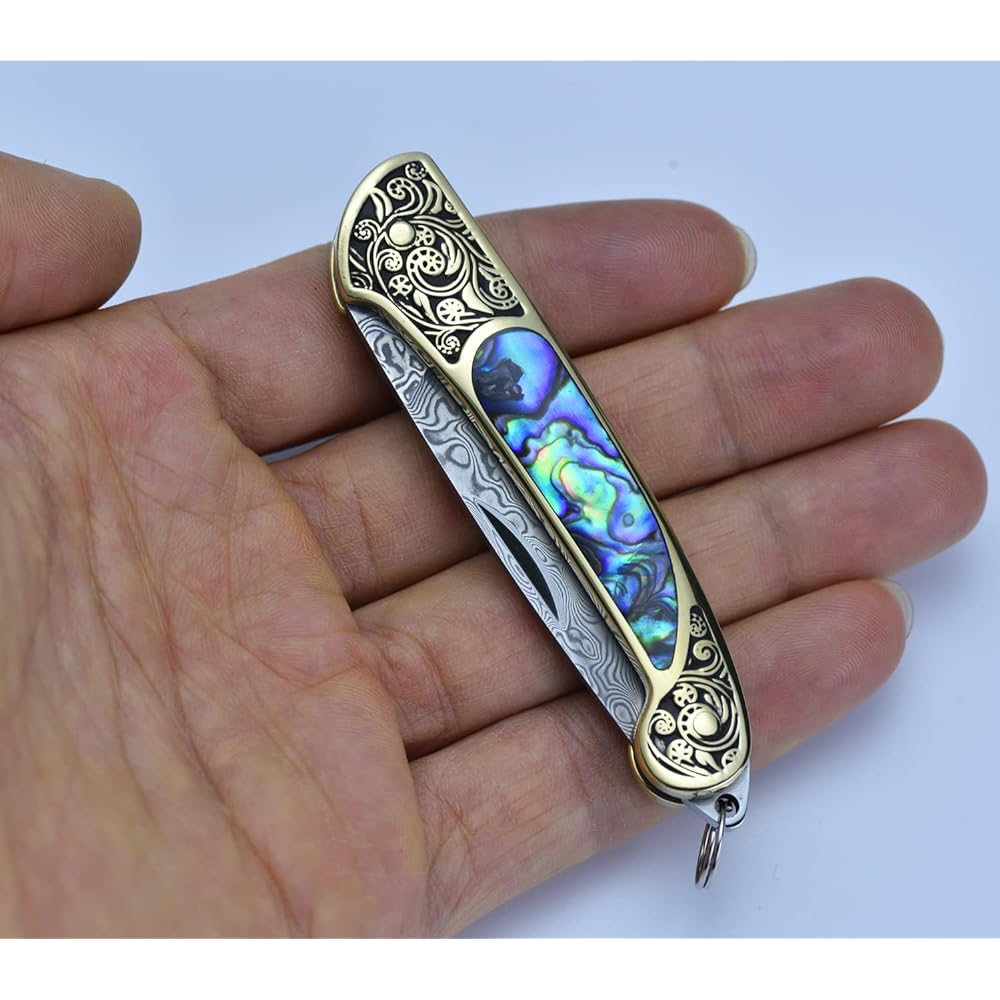 JPCRMOV Folding Knife Damascus Steel Folding Knife Outdoor Knife Pocket Knife Camping Knife Folding Brass + Avalon Shell Handle Keychain Included