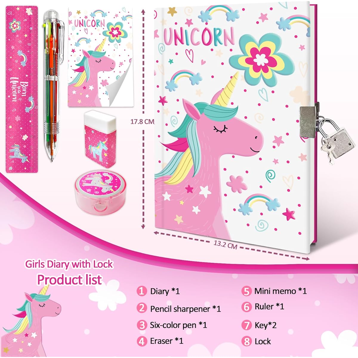 EverCreatives Girls Diary with Lock, Kids Diary Set for Girls 7.1x5.3 Inch Notebook, Memo Pad, Glitter Pens, Ruler, Sharpener, Eraser, Journal Kit (Unicorn)