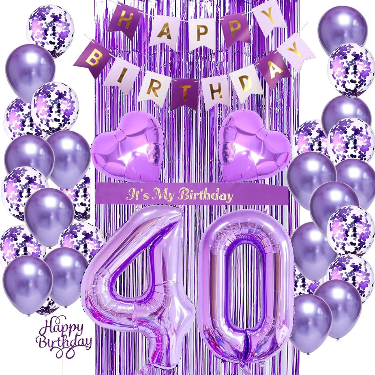 40th Birthday Decorations for Women, 40th Birthday Balloons Purple, 40th Birthday Decorations Purple Balloons, It's My Birthday Sash, Cake Topper, Birthday Banner for 40th Birthday Decorations