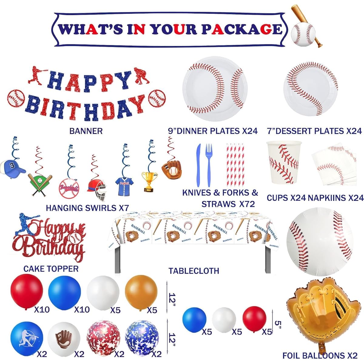 Hombae Baseball Birthday Party Supplies 233 Pieces Baseball Sports Theme Party Supplies Birthday Decorations Hanging Swirl Balloon Garland Tablecloth Cake Topper Plates Cups Napkins Straws Knife Fork