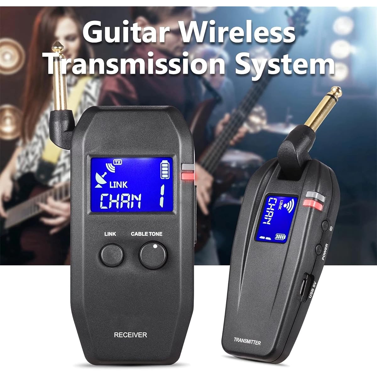 Wireless Guitar System Guitar Wireless System 4 Channel Built-in Battery Supports Mute Function (Color: Black, Size: One size)