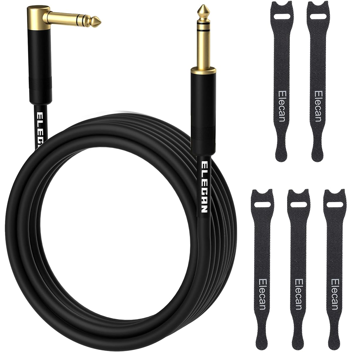 Elecan 1/4" TRS Instrument Cable 50ft Right Angle to Straight 6.35mm Male Jack Stereo Audio Interconnect Cord Gold Plated 90 Degree 6.35mm Balanced Line for Electric Guitar Bass with 5 Ties