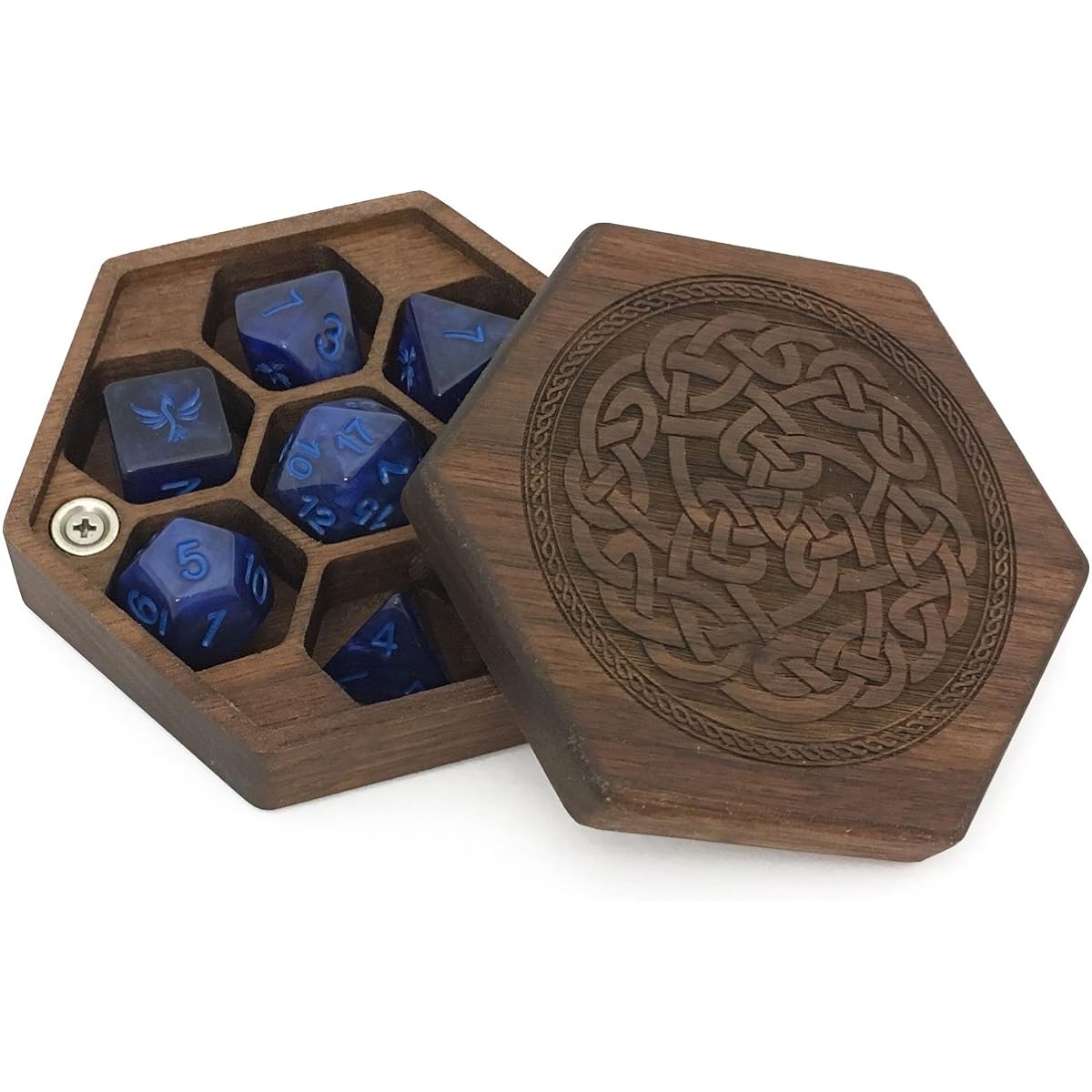 Elderwood Academy Pocket Size Hexagonal Dice Wooden Chest with Magnetic Lid Perfect for DND Magic The Gathering Dice Counter and Other Tabletop Games Walnut Celtic