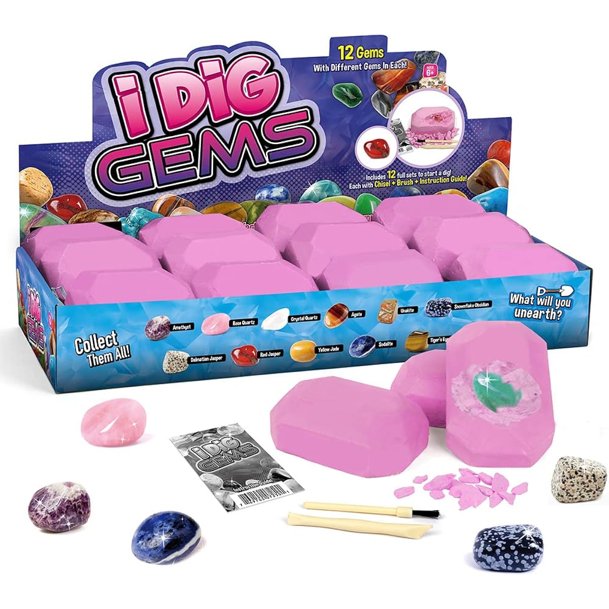 XXTOYS Gem Digging Kit, 12 Gem Digging Kit, Mega Gem Digging Kit with 12 Genuine Precious Stones for Kids, Mineralogy, Geology, STEM Gifts