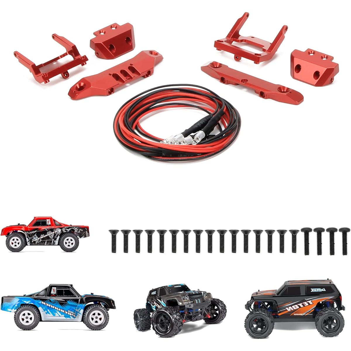 RCAWD Front & Rear Bumper Set & 4 LED Lights for LaTrax Teton & LaTrax Desert Prerunner Upgrade 76064-5#76054-1#76054-5 1/18 4X4 Monster Truck Parts #7635 Red
