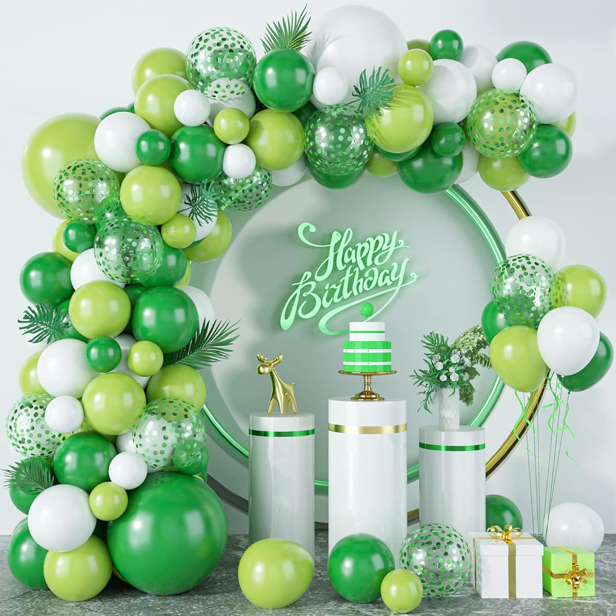 Jungle Balloon Garland Arch Kit 108pcs White Green Latex Confetti 18&12 10&5" Balloons Wildlife Forest Tropical Safari Theme Baby Shower Boy Birthday Party Supplies Decorations