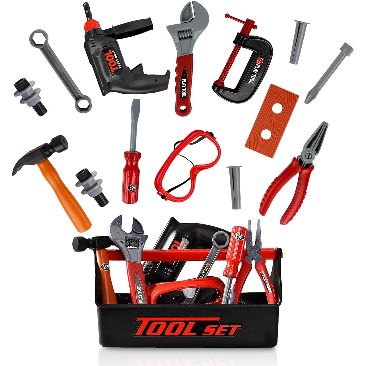 Playkidz Toolbox for Kids, 22 Piece Boys & Girls Construction Toy Playset with Carry Chest and Working Push Button Power Drill, Hammer, Screwdriver, Wrench, Pliers, Saw and Other Realistic Tools for Ages 3+