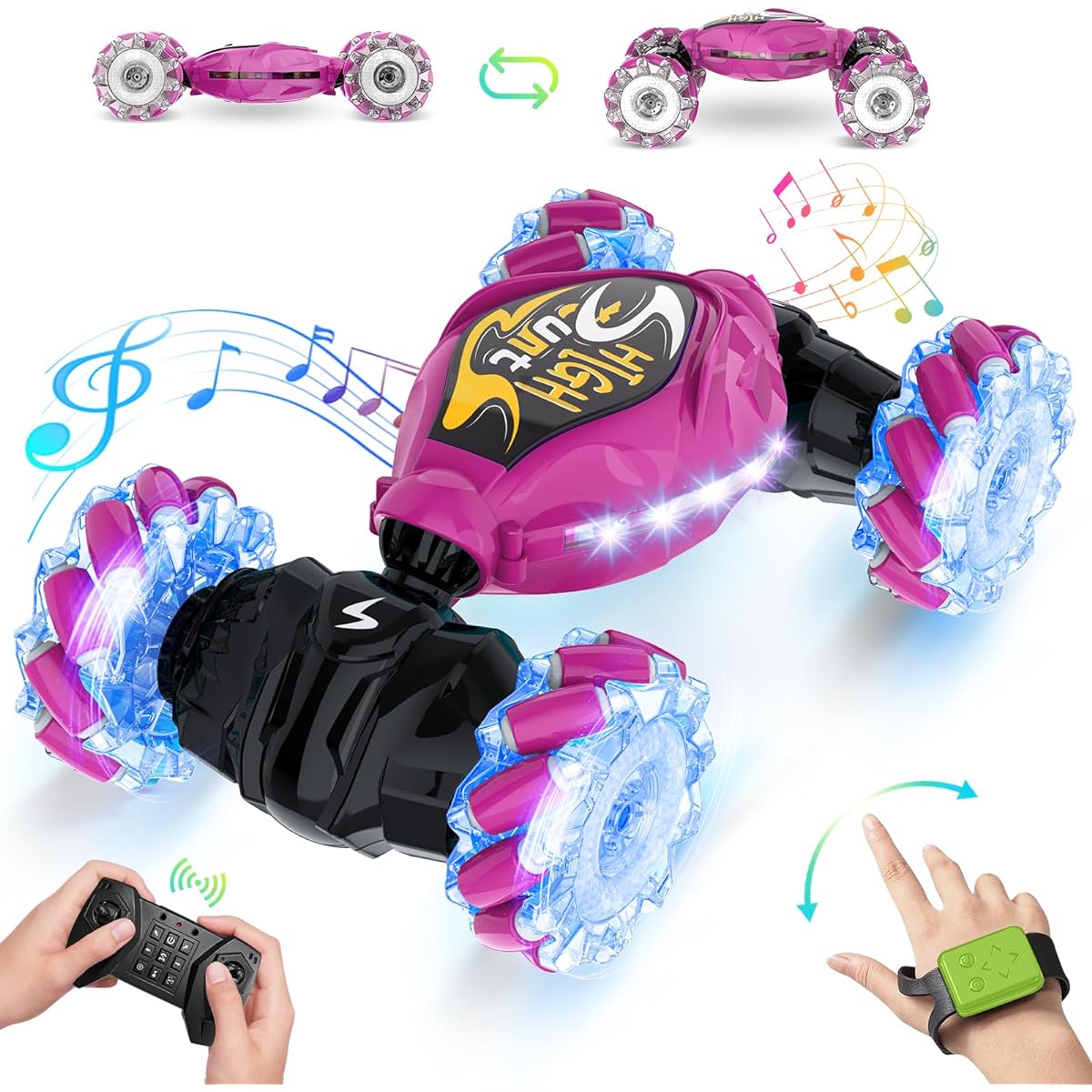 OSIMILY Remote Control Car RC Stunt Car with Lights & Music 4WD 2.4GHz Remote Control Twist Car (Red)