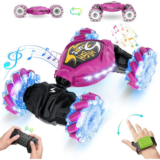 OSIMILY Remote Control Car RC Stunt Car with Lights & Music 4WD 2.4GHz Remote Control Twist Car (Red)
