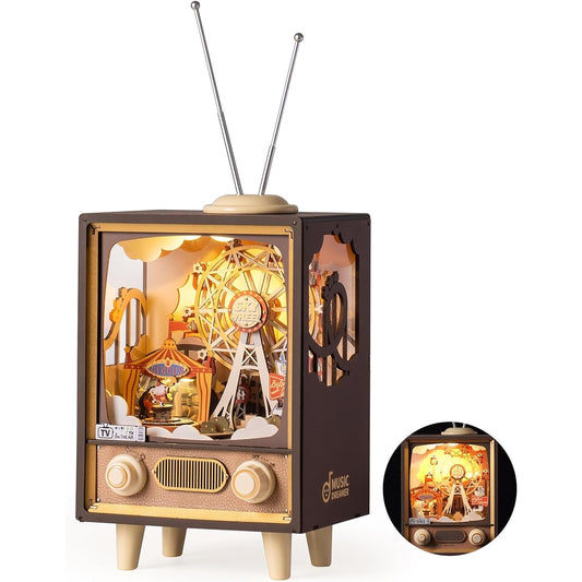 3D Wooden Puzzle Music Box Rotating Ferris Wheel with G Music and LED Light DIY Music Box Book Nook Kit for Adults Crafts/Creative Gifts for Moms/Girls/Teens (Sunset Carnival)