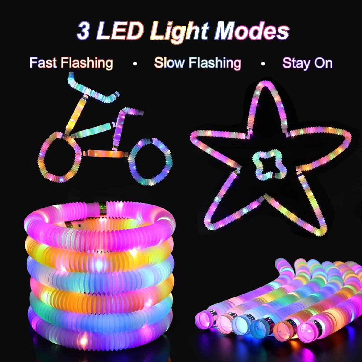 Light Up Glow Sticks Fidget Pop Tubes 24 Pack Glow in the Dark Party Supplies Toddler Sensory Toys Glow Sticks Thanksgiving Christmas Party Favors Party Pack Goodie Bag Stuffers Return Gifts for Kids