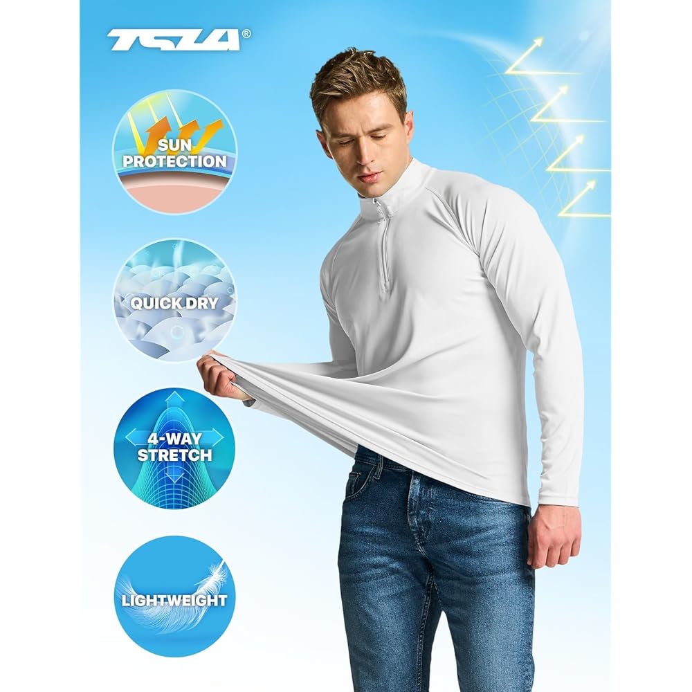 [Tesla] Zip Shirt, Long Sleeve, Men's [Lightweight, Sweat Absorbent, Quick Drying] 1/4 Zip, Half Zip Sports Shirt, Outdoor Cycle, Fitness, Running Sportswear
