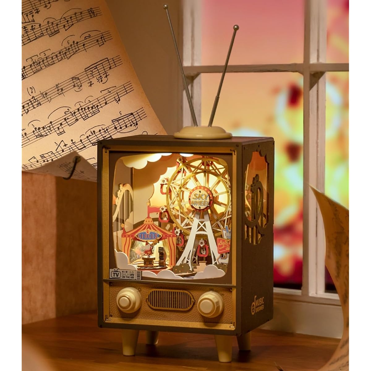 3D Wooden Puzzle Music Box Rotating Ferris Wheel with G Music and LED Light DIY Music Box Book Nook Kit for Adults Crafts/Creative Gifts for Moms/Girls/Teens (Sunset Carnival)