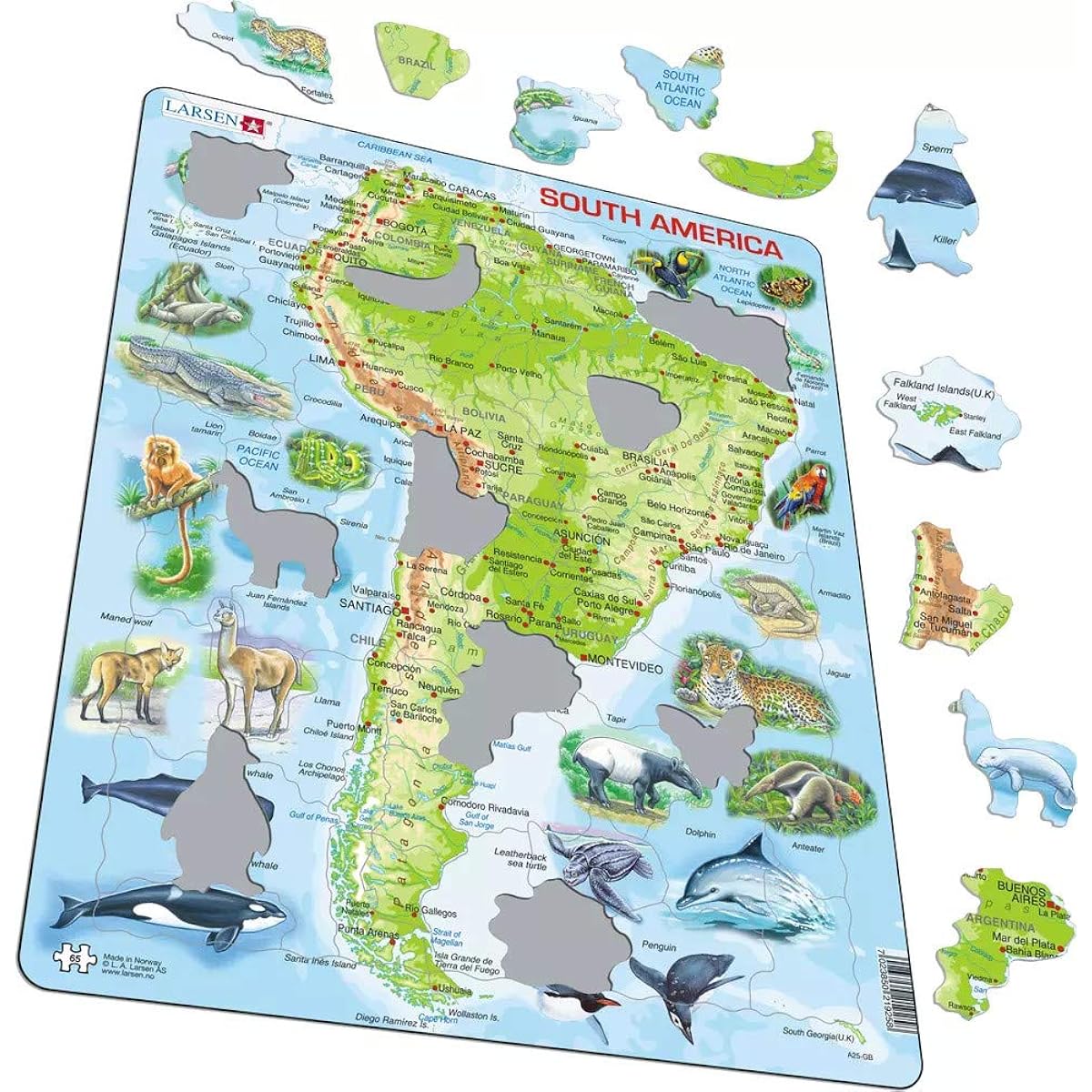 Larsen Puzzles South America Map with Animals - 65 Piece Educational Jigsaw Puzzle for Kids