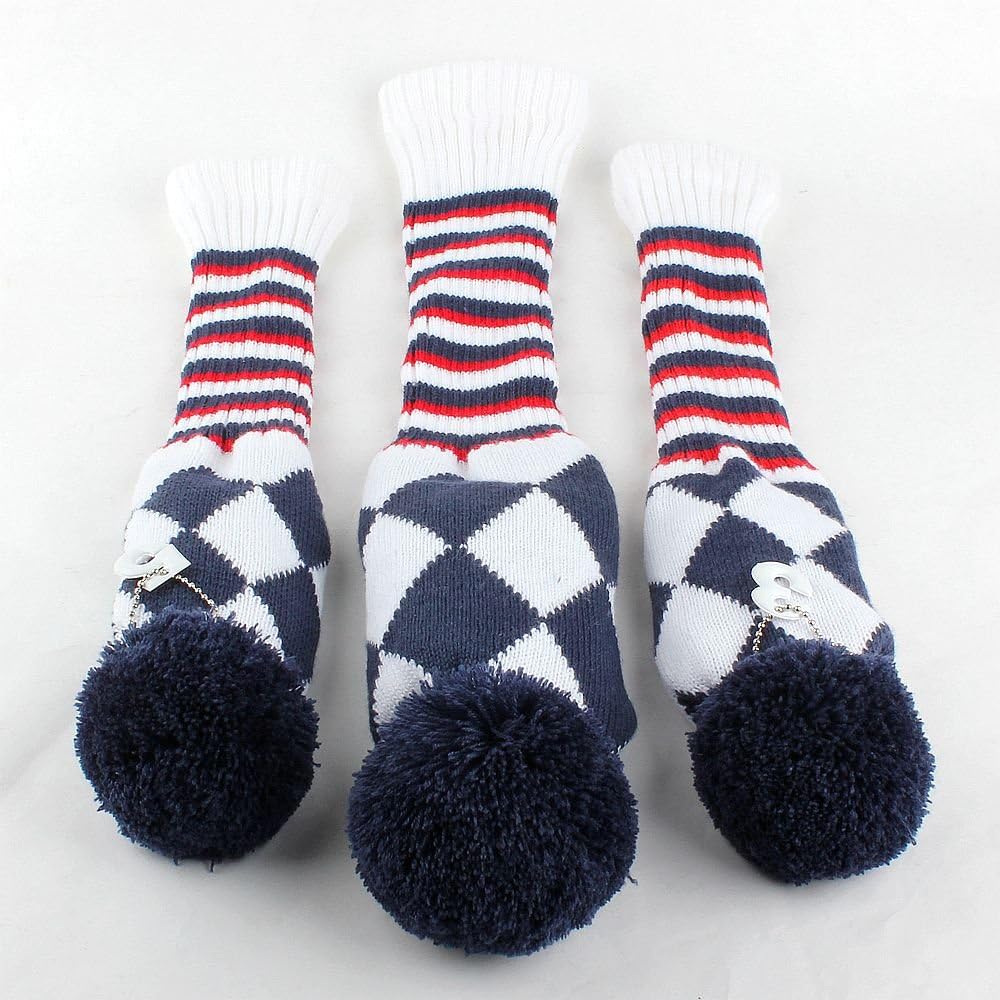 Golf knit cover, head cover, club cover, 3-piece set (1 3 5), long neck for drivers, fairway wood, wood cover for 460cc, number 3, number 5, sock type, easy to put on and take off, washable, cute number pendant included