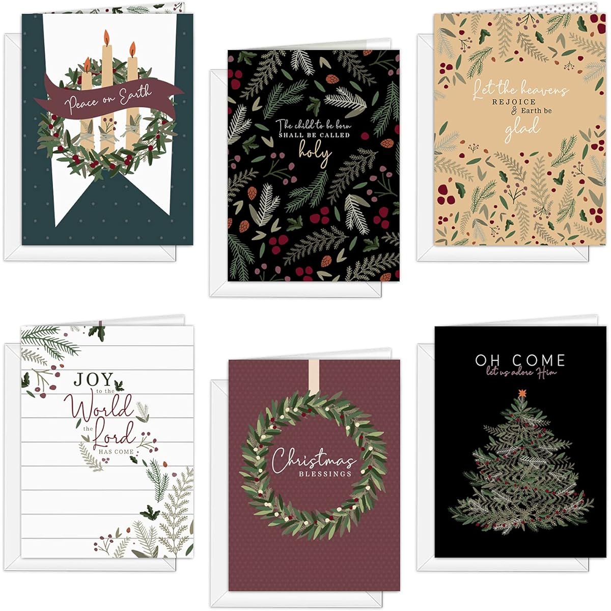 Religious Farmhouse Holiday Cards / 4 5/8" x 6 1/4" Christmas Cards / 24 Christian Cards with White Envelopes / 6 Unique Designs