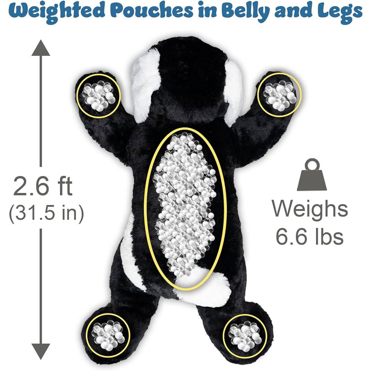 Wwinkly Weighted Plush Toy for Adults - 6 lbs | XL 31.5" Length | Plush Hugging Pillow | Black and White Dog | Heavy Animal Comfort - Relaxation - Sensation, Black & White