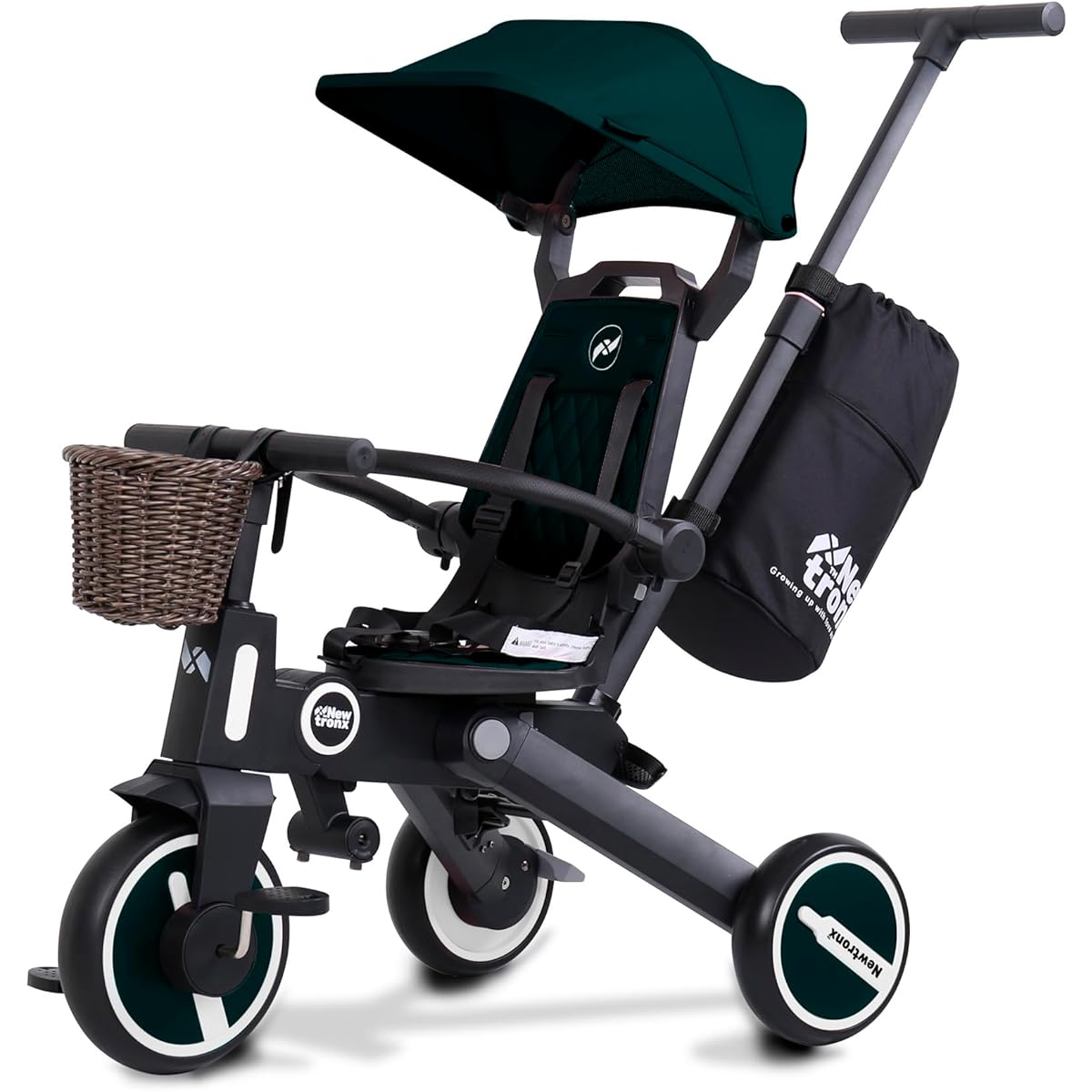 Newtronx Trixplorer 7-in-1 Folding Toddler Tricycle with Detachable Push Handle, Swivel Seat, Adjustable Canopy, Safety Harness, Storage Basket Tricycle for Toddlers Ages 1-5 (Racing/Green)