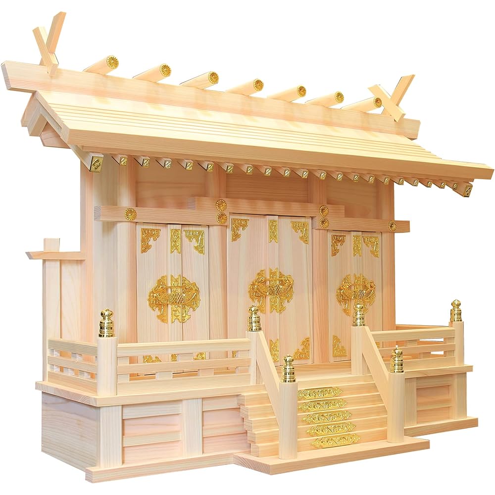 Matsuyama Shinto Buddhist Altar Store Shinto Altar, Three Shrines with Through Roof, Cloud Sticker Included, Made in Japan, Japanese Cypress, Cypress, Width 54cm, Height 40cm, Depth 21.5cm