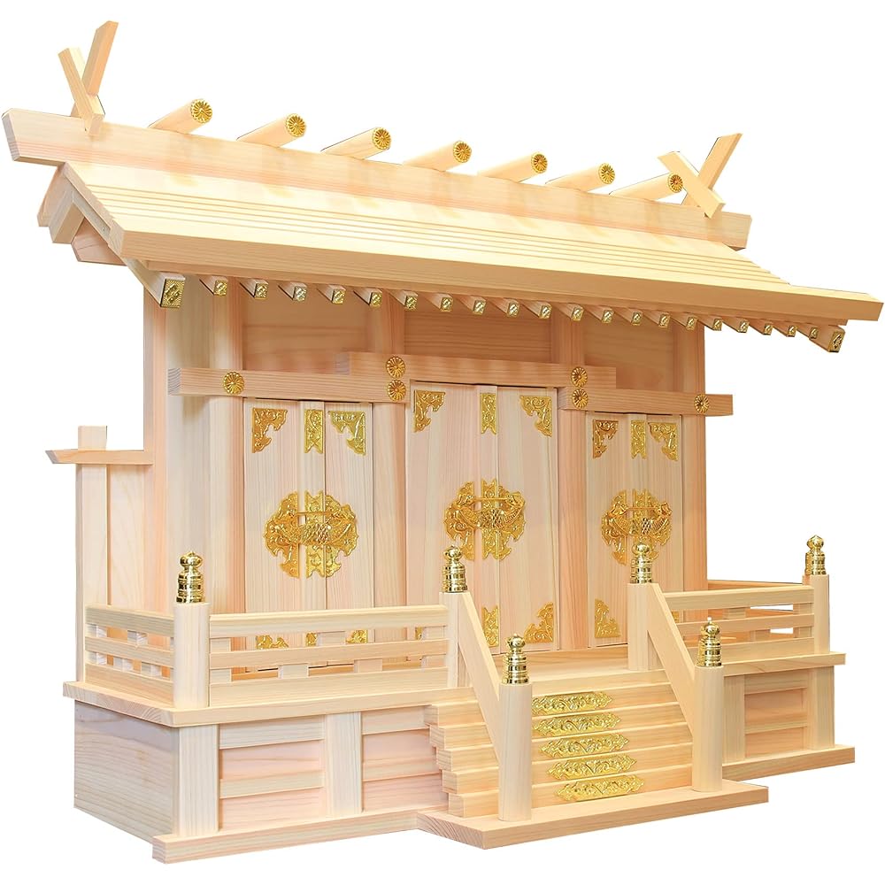 Matsuyama Shinto Buddhist Altar Shop, Shinto Altar, Through Roof Three Shrines, Small Shinto Item, Divine Mirror Set, with Cloud Seal, Made in Japan, Made in Japan, Cypress, Cypress, Width 54cm, Height 40cm, Depth 21.5cm