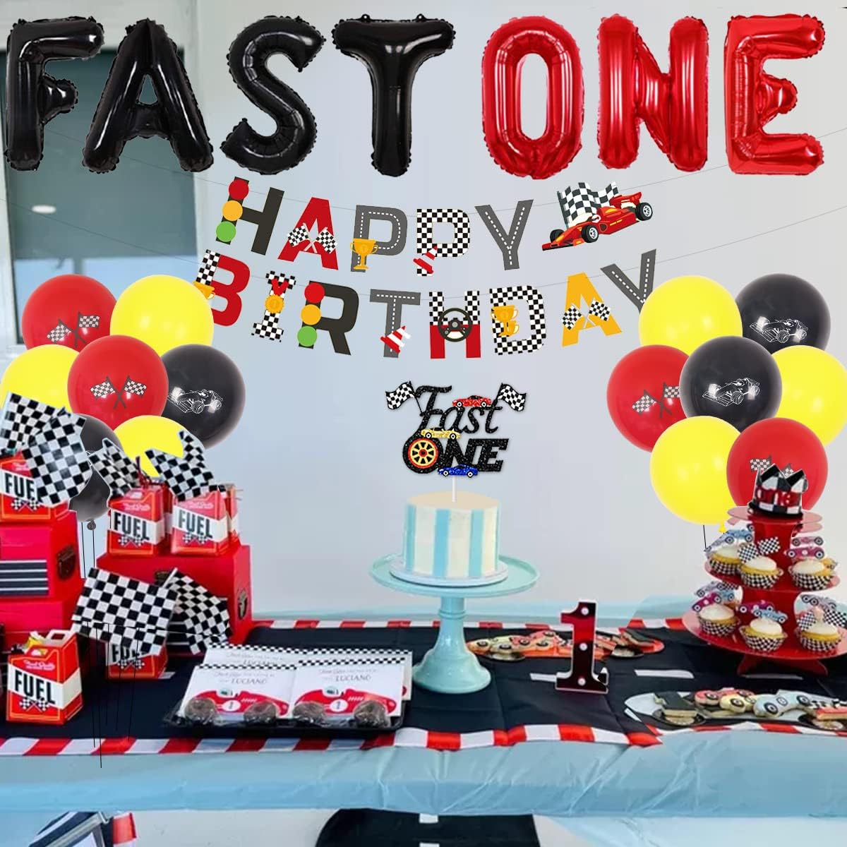 Fast One Race Car First Birthday Party Decorations for Boys Let's Go Racing Birthday Decorations Race Car Balloon Garland Kit Red Yellow Happy Birthday Banner First One Cake Topper Checkered Flag Balloon