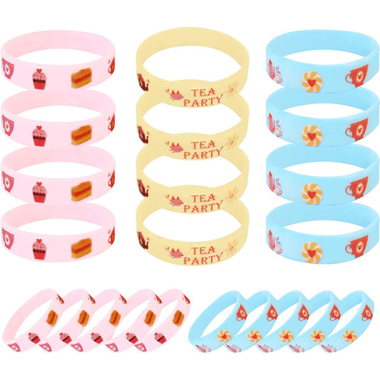 24 Pack Floral Tea Time Silicone Wristband Bracelets Birthday Decoration Party Favors Kids Goodie Bag Supplies Gift
