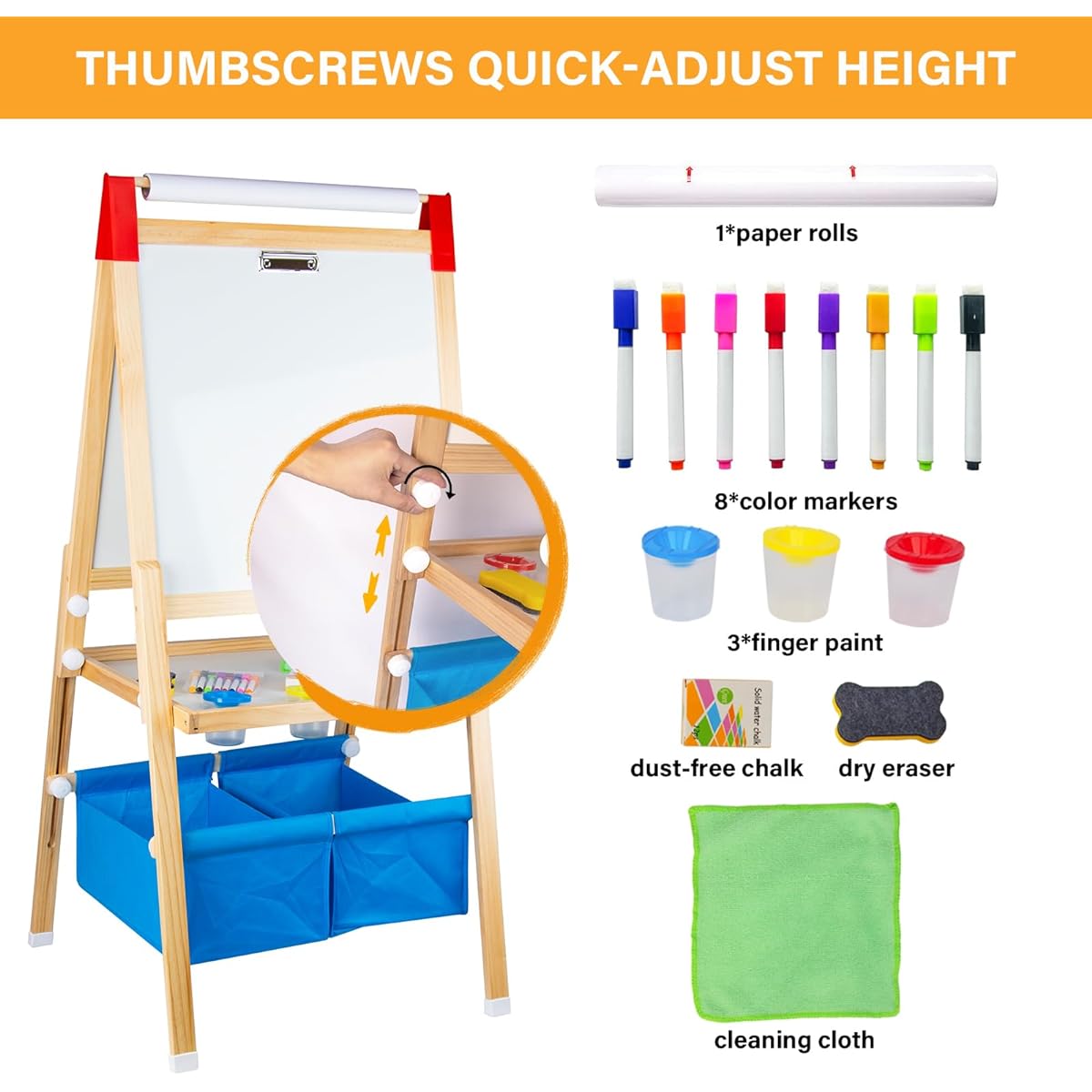 WOODENFUN Wooden Standing Art Easel for Kids 2-6 Adjustable Double Sided Drawing Board Whiteboard & Chalkboard Dry Easel Board with Paper Roll and Accessories for Boys Girls Drawing Gifts