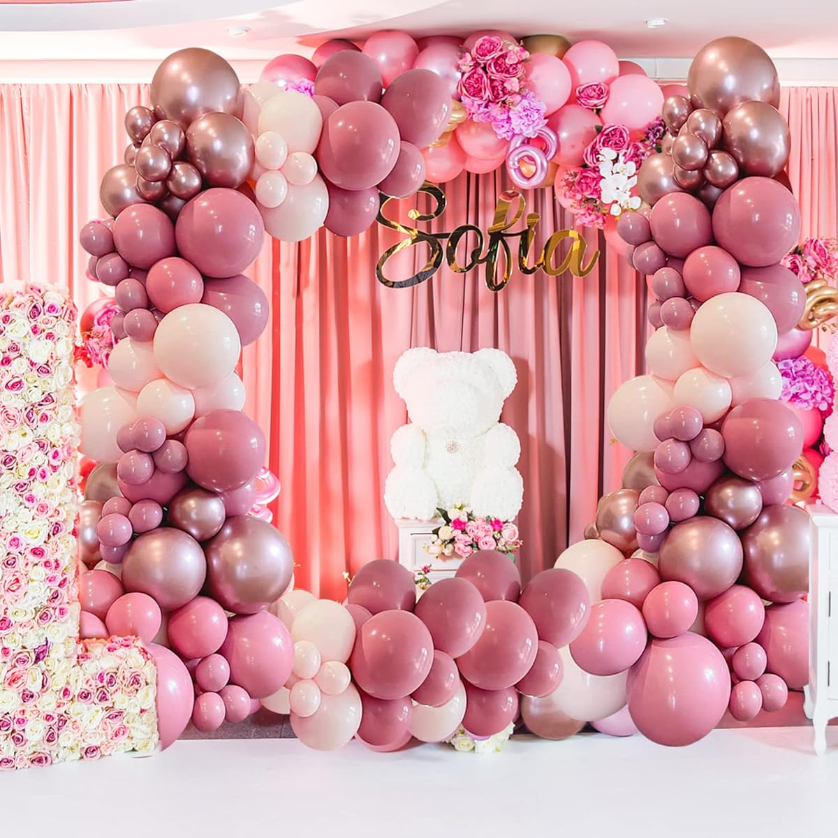 Pink Balloon Garland Arch Kit Retro Pink Balloons Metallic Rose Gold Balloons Birthday Party Decorations for Girls Baby Shower Wedding Princess Valentine's Party Mother's Day