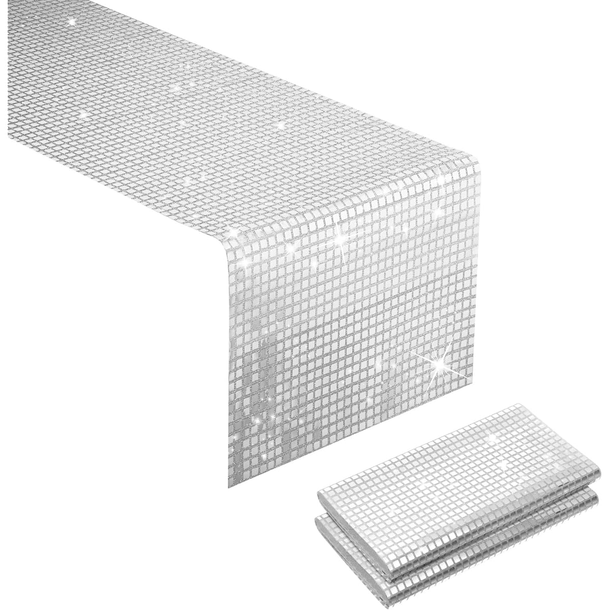 BDDC 2 Pieces Silver 13 x 108 Inch Glitter Table Runner, Mirror Disco Party Table Runner, Retro Silver Table Decor for Disco Party, Birthday Bachelorette Dance Party Decorations
